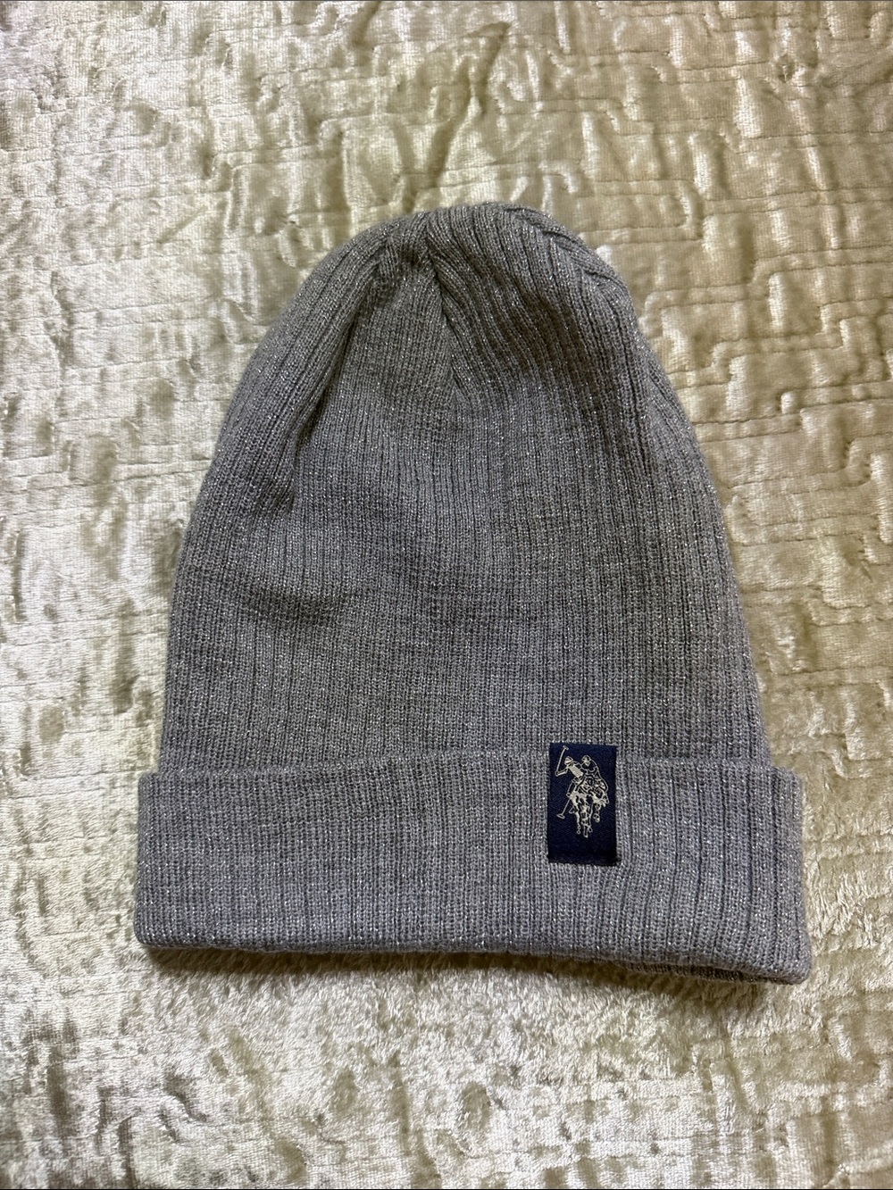 U.S. Polo Assn. Gray Ribbed Knit Beanie with Embroidered Logo Patch